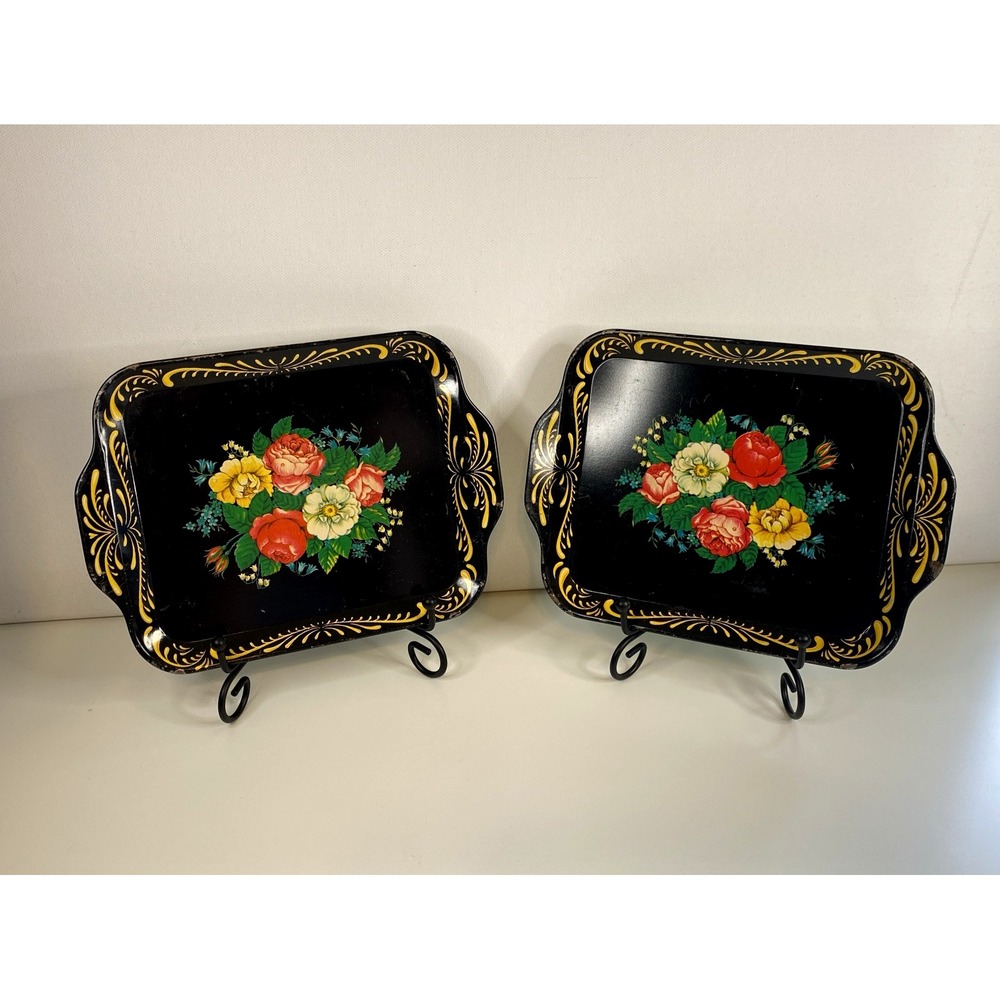 Gothic Dark Academia Vintage Small Metal Floral Trinket Trays Set of 2 w/Handle